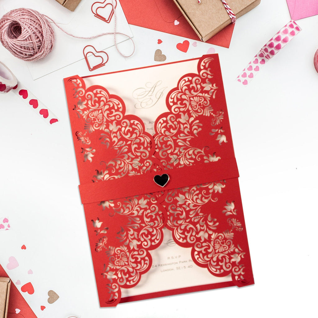 Red Cover Laser Cut Wedding Invitation with Heart DIY Paper Streamer LOVE