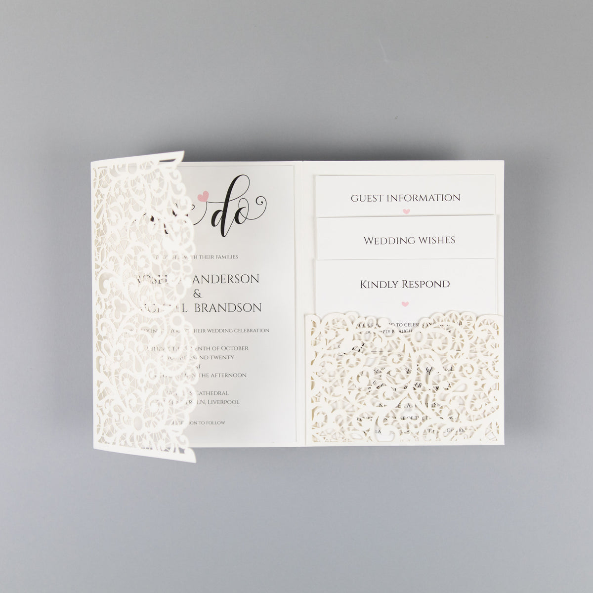 White Pocketfold Lace Floral Wedding Invitations