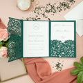 Forest Green Pocketfold Lace Floral Wedding Invitations