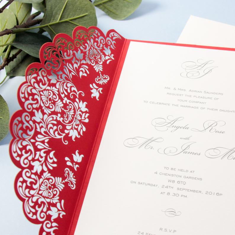 Red Cover Laser Cut Wedding Invitation with Heart DIY Paper Streamer LOVE
