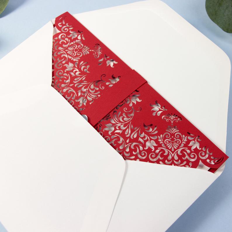 Red Cover Laser Cut Wedding Invitation with Heart DIY Paper Streamer LOVE