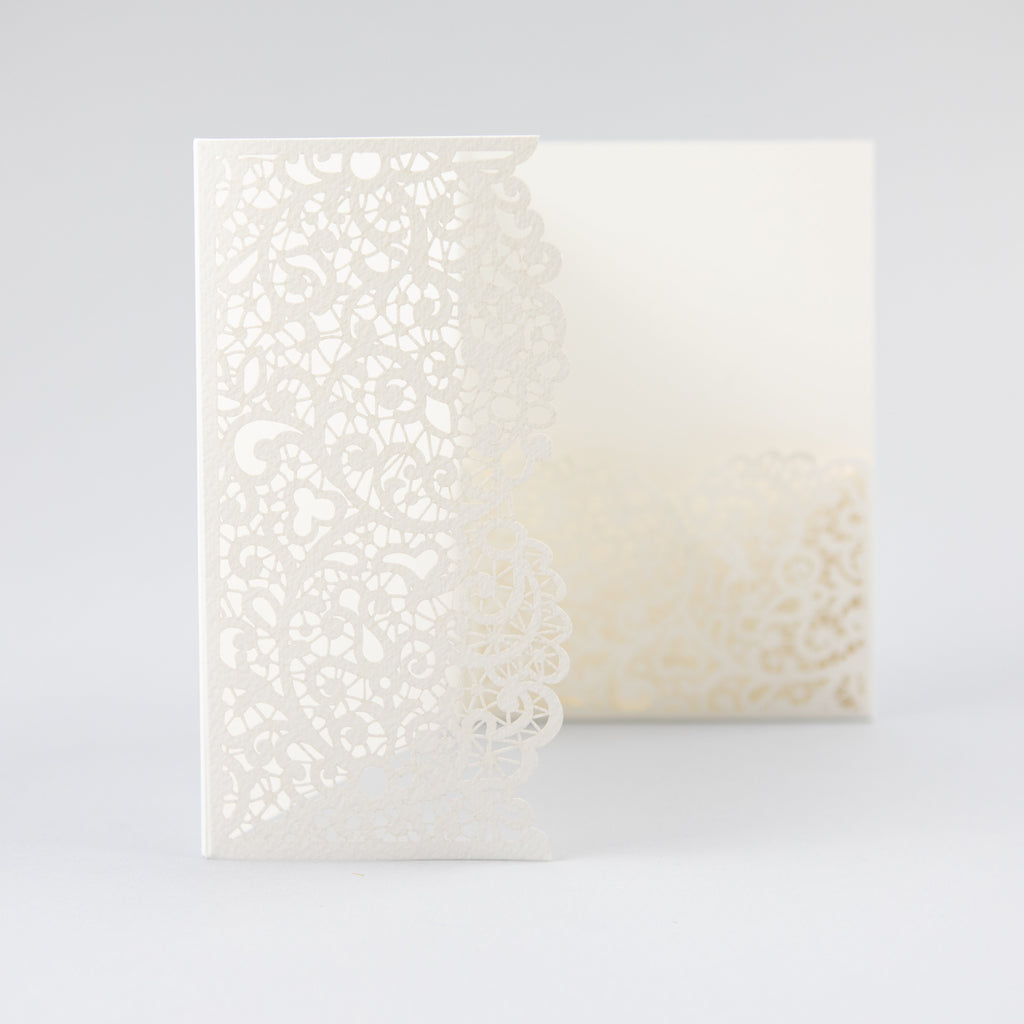 White Pocketfold Lace Floral Wedding Invitations