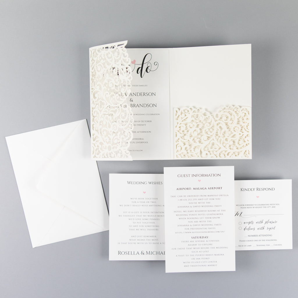 White Pocketfold Lace Floral Wedding Invitations