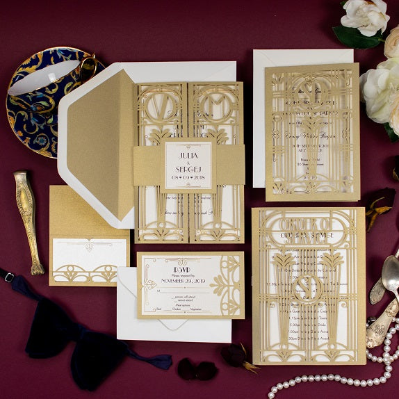 Golden Beige Art Deco Great Gatsby Laser Cut Place Card