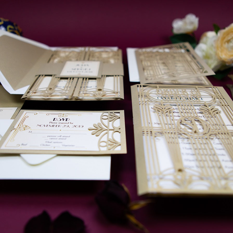 Golden Beige Art Deco Great Gatsby Laser Cut Gatefold Wedding RSVP/Save the Date /Thank You Card