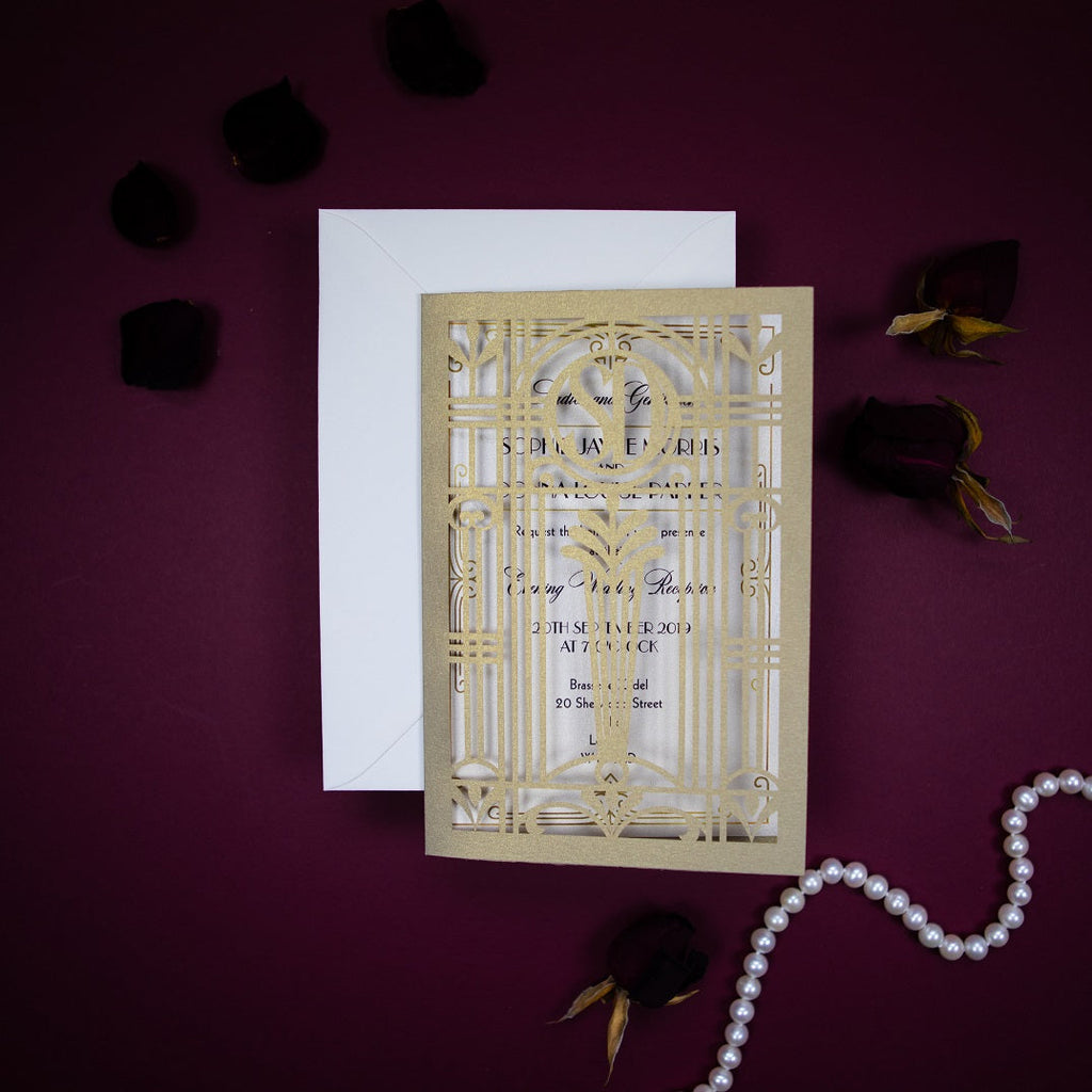 Golden Beige Art Deco Great Gatsby Laser Cut Gatefold Wedding Evening Invitation