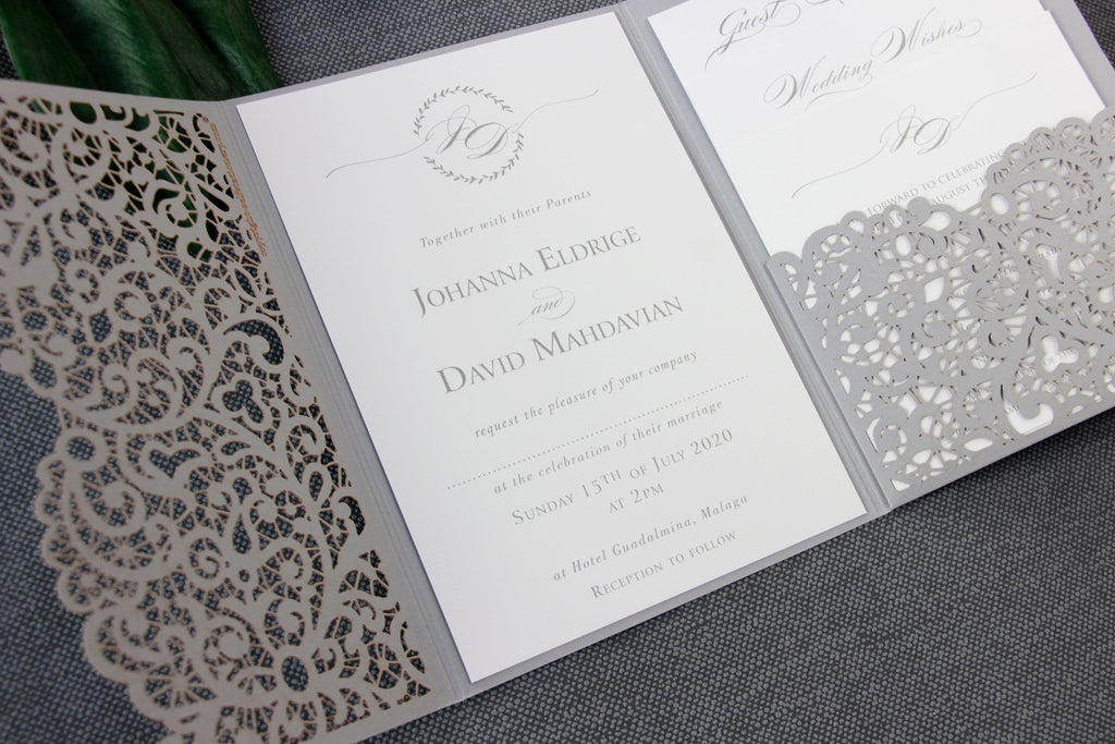 Grey Pocketfold Lace Floral Wedding Invitations