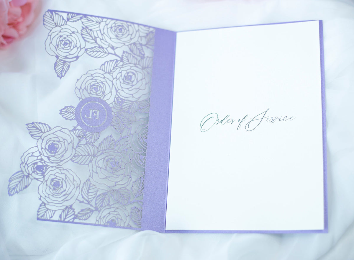 Elegant Personalised Lilac Laser Cut Wedding Invitation with Roses  - Envelope and Invitation Monogram - Full printout