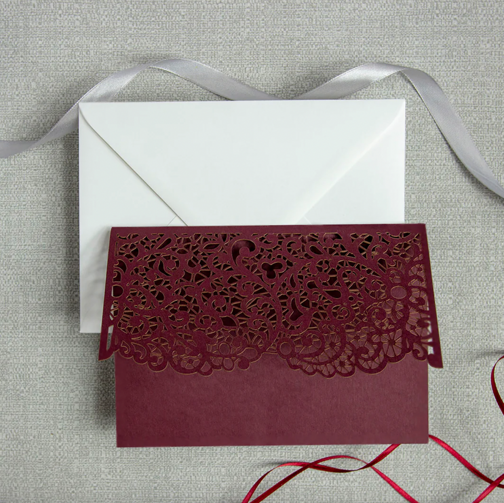 Burgundy Laser Cut Pocket Fold  With Envelope