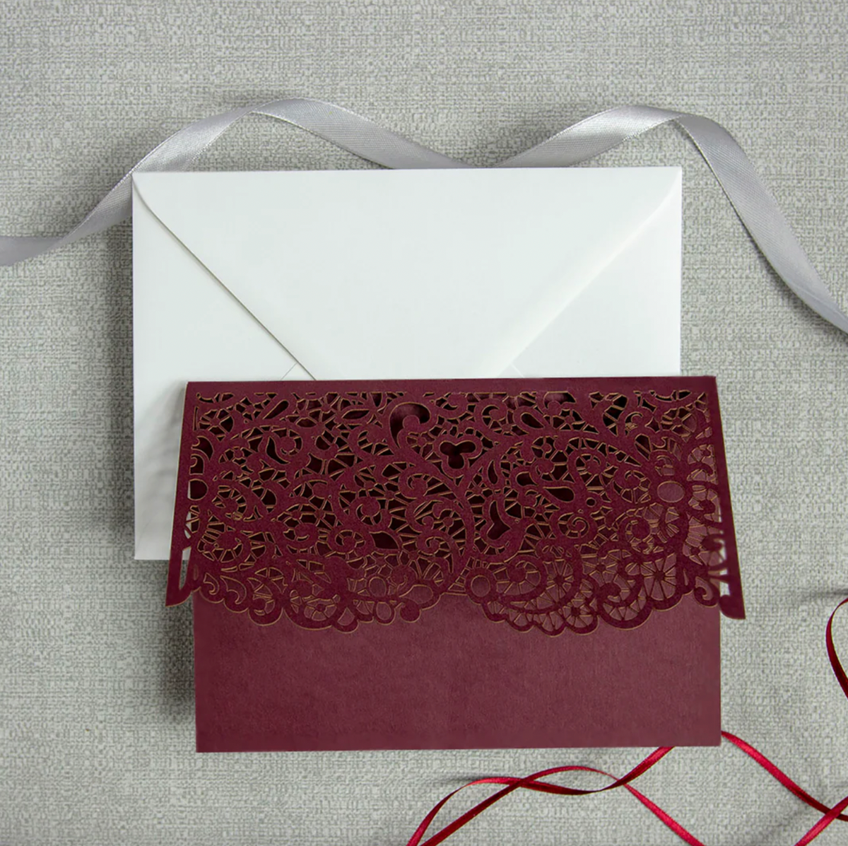 Burgundy Laser Cut Pocket Fold  With Envelope