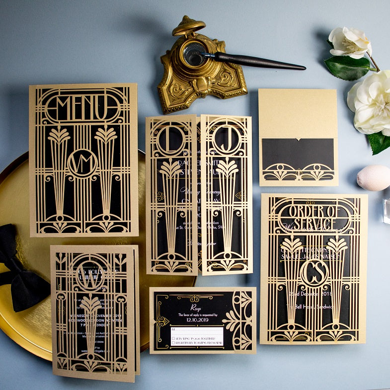 Golden Art Deco Great Gatsby Laser Cut Gatefold Wedding RSVP/Save the Date /Thank You Card