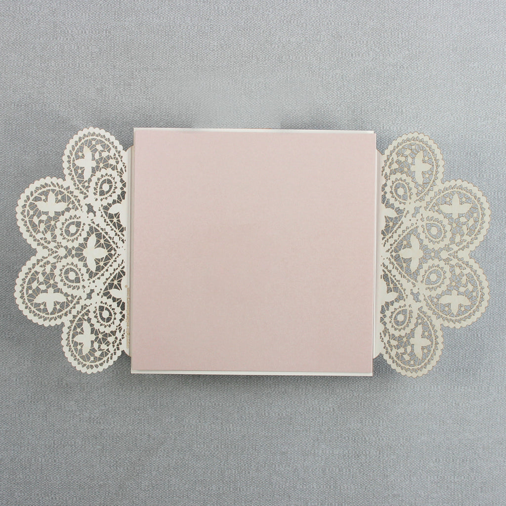 Square Gatefold White Lace Wedding Invitations with Rose Insert