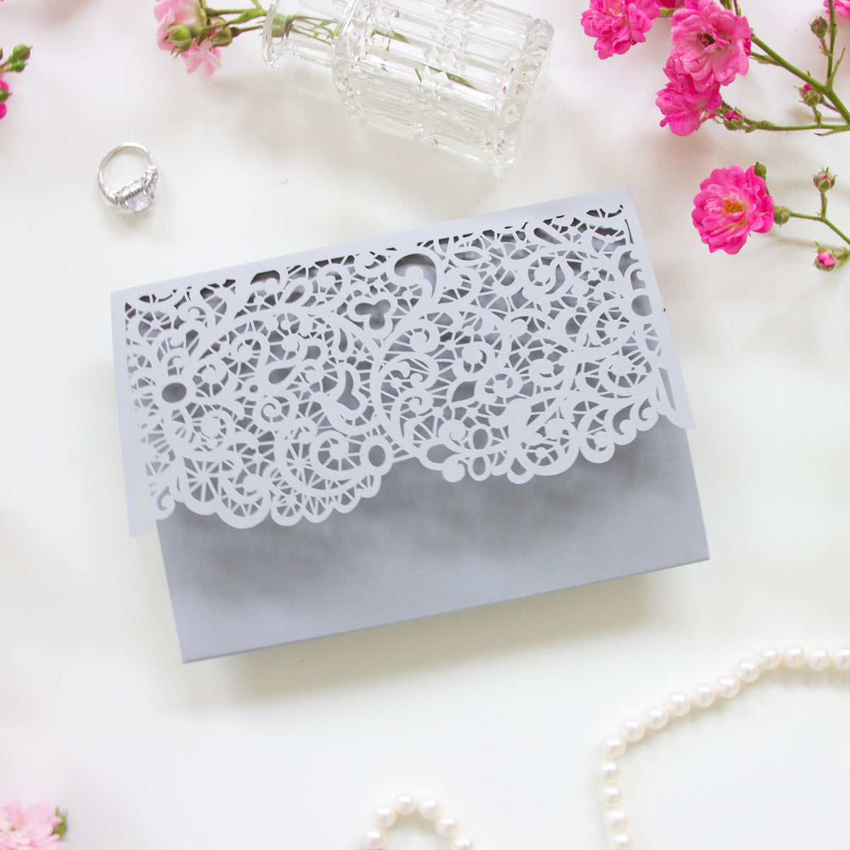 Laser Cut Covers Pocket Fold Invitations Grey - Pocketfold Elements, DIY Cut, 3 fold pocket, Wedding Cards