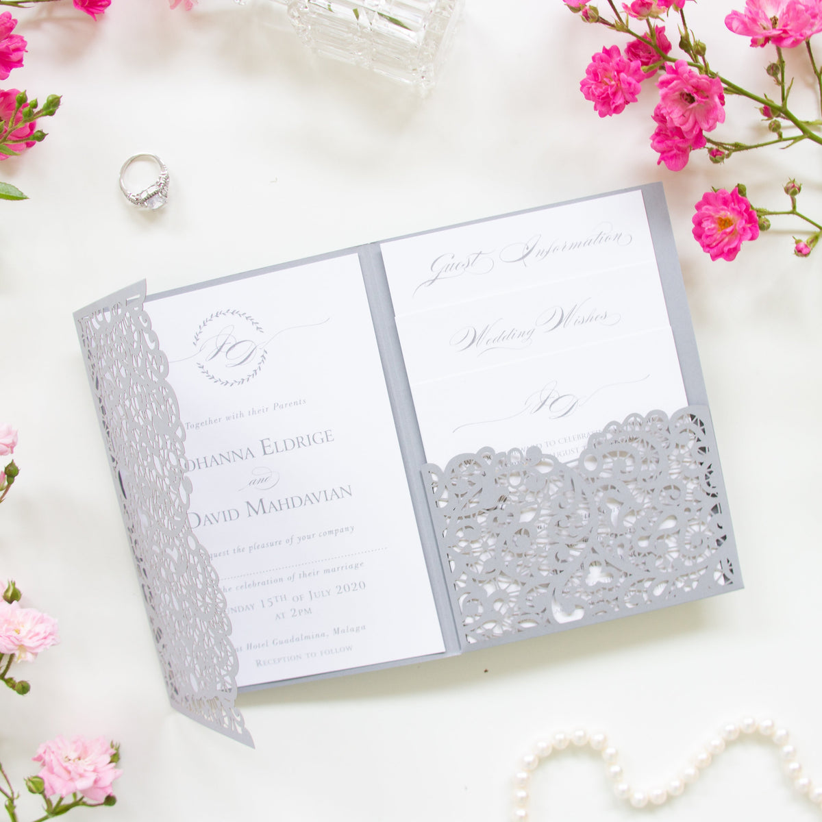 Laser Cut Covers Pocket Fold Invitations Grey - Pocketfold Elements, DIY Cut, 3 fold pocket, Wedding Cards