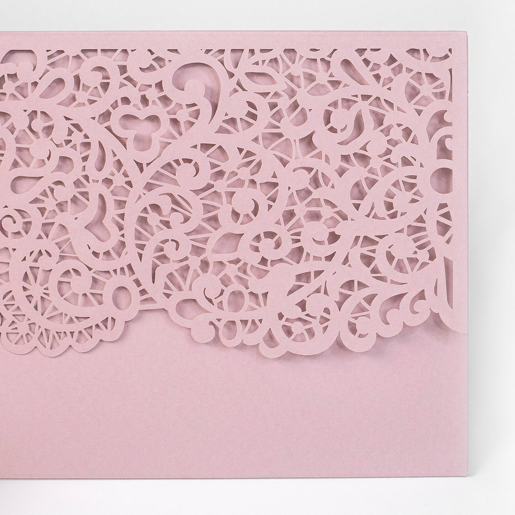 Laser Cut Invitation Covers Pink Color Pocket Fold Invitations DIY invitations Wedding Birthday Christening Cards 3 Fold Pocket + Envelope