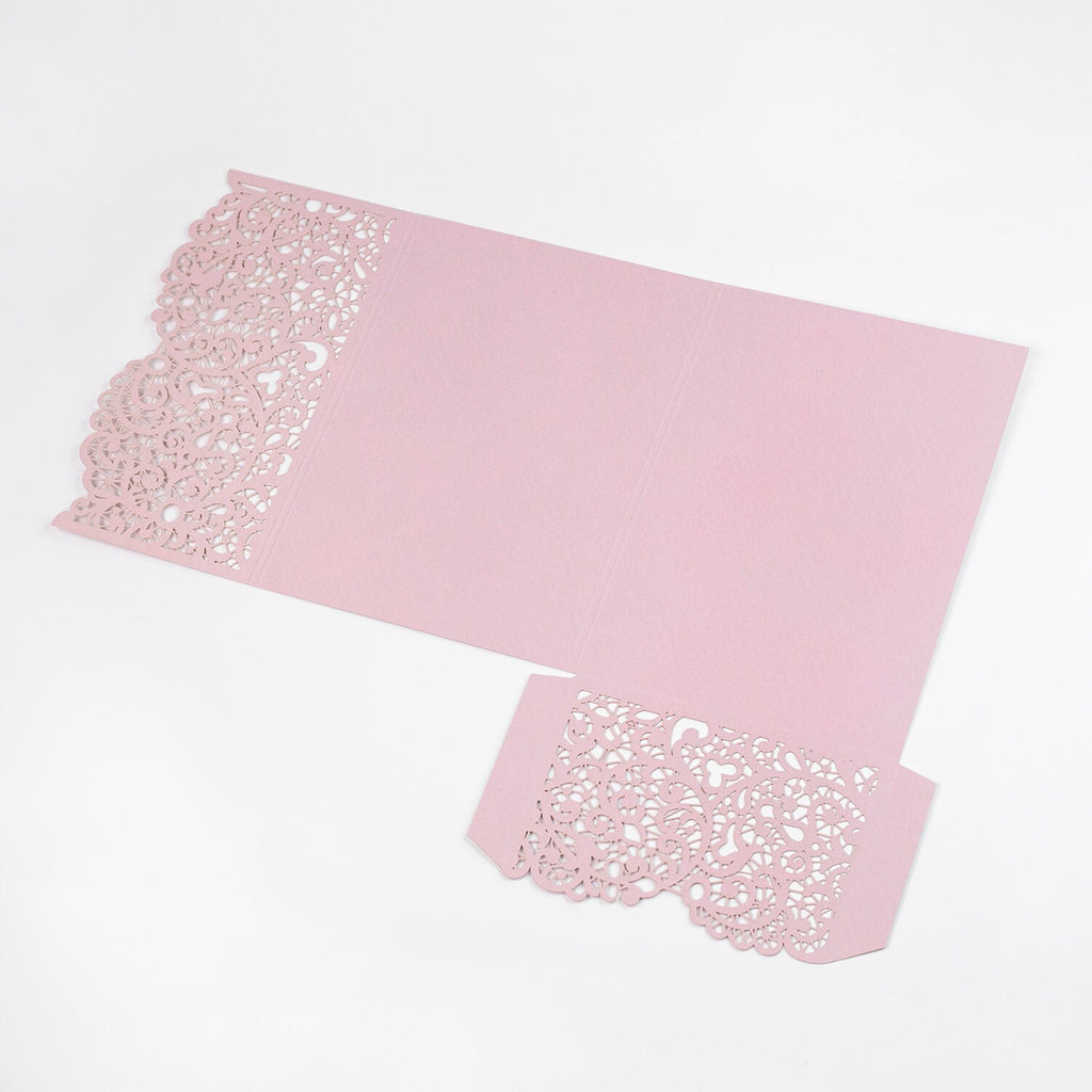 Laser Cut Invitation Covers Pink Color Pocket Fold Invitations DIY invitations Wedding Birthday Christening Cards 3 Fold Pocket + Envelope