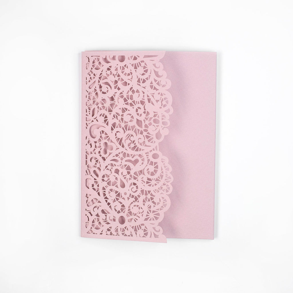 Laser Cut Invitation Covers Pink Color Pocket Fold Invitations DIY invitations Wedding Birthday Christening Cards 3 Fold Pocket + Envelope