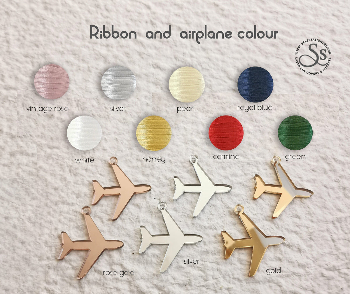 Airplane Charms for Destination Wedding Invitations, Personalized Airplane Tags