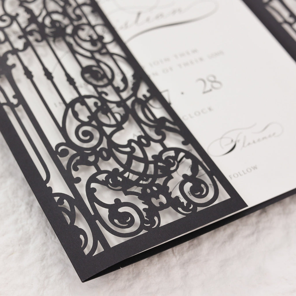Baroque Laser Cut Gatefold Invitation Cover – Ornamental Wedding Wrap for 5x7 Card – Custom Color