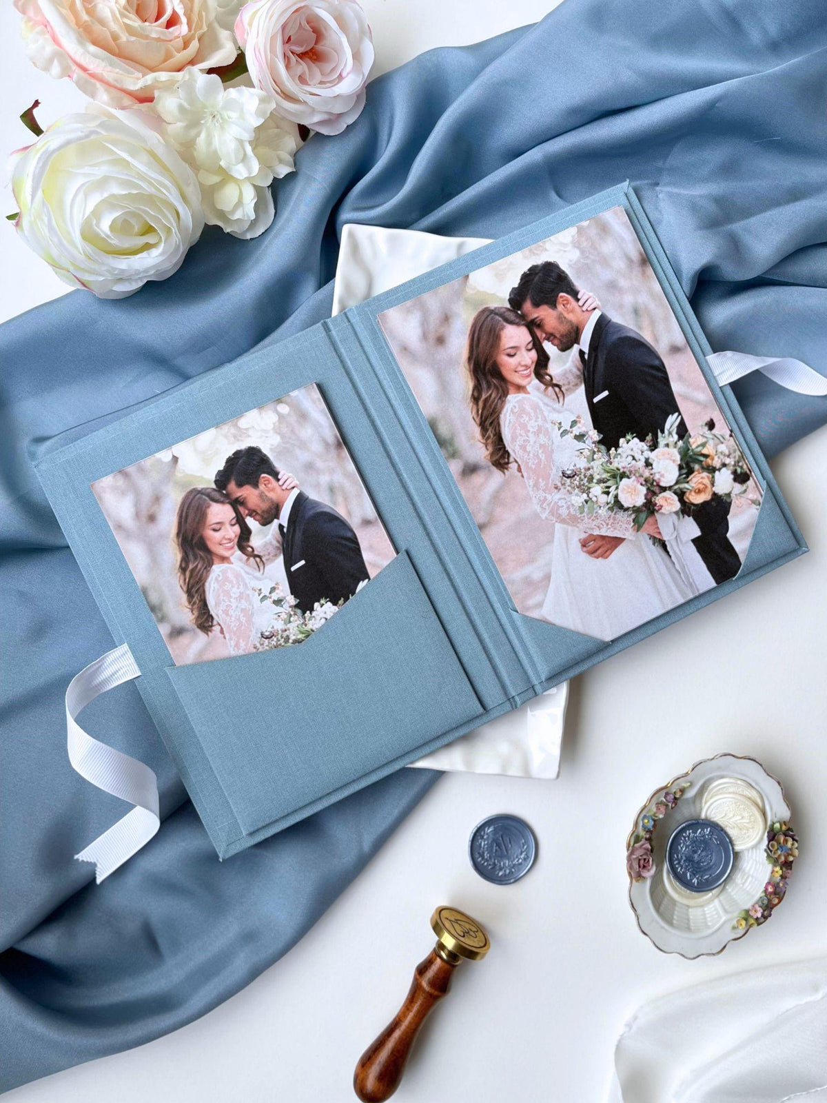 Linen Matted Folio - Dusty Blue, Foil Stamped with Monogram, Wedding Photo Folio, Keepsake