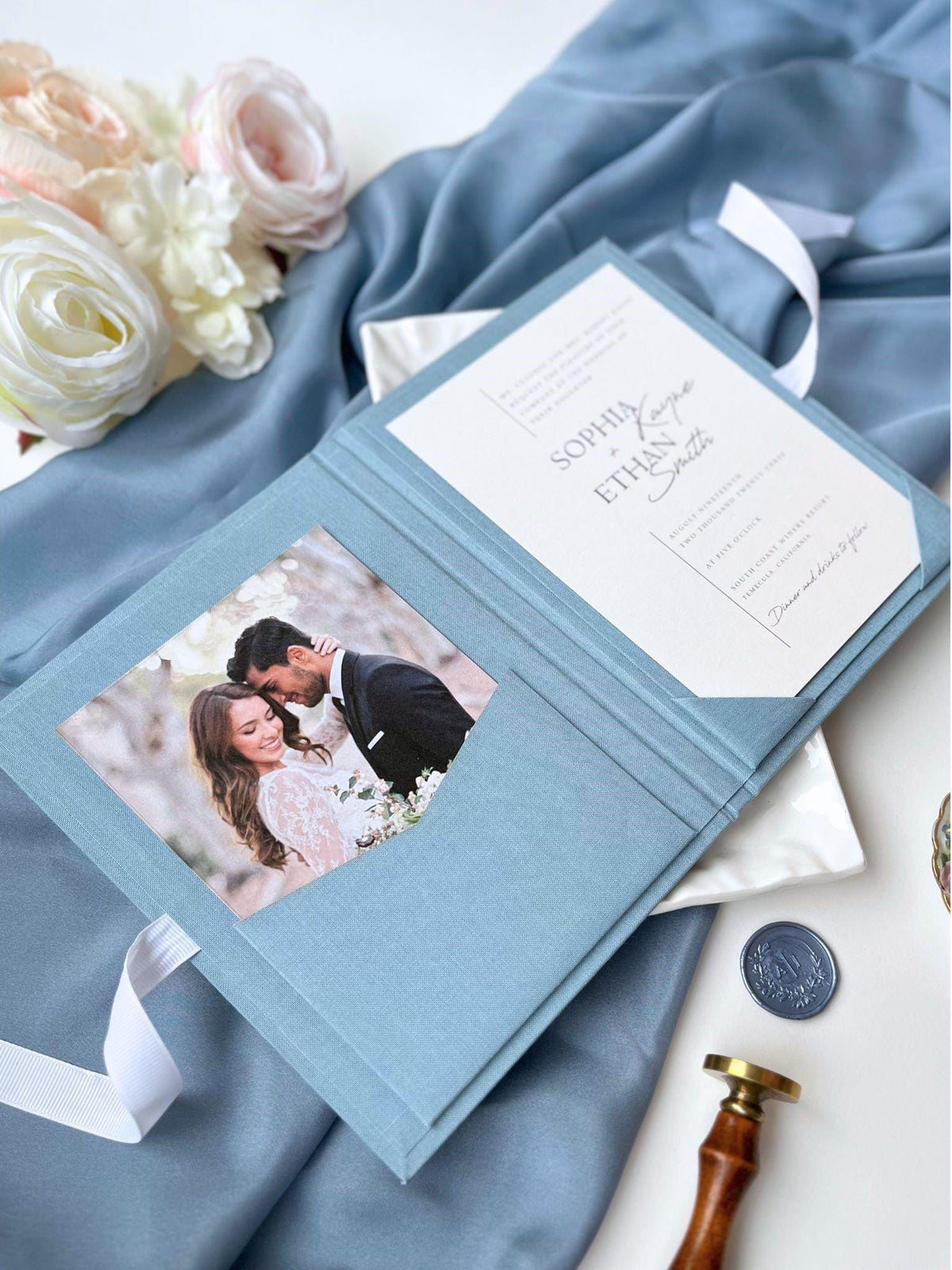 Linen Matted Folio - Dusty Blue, Foil Stamped with Monogram, Wedding Photo Folio, Keepsake