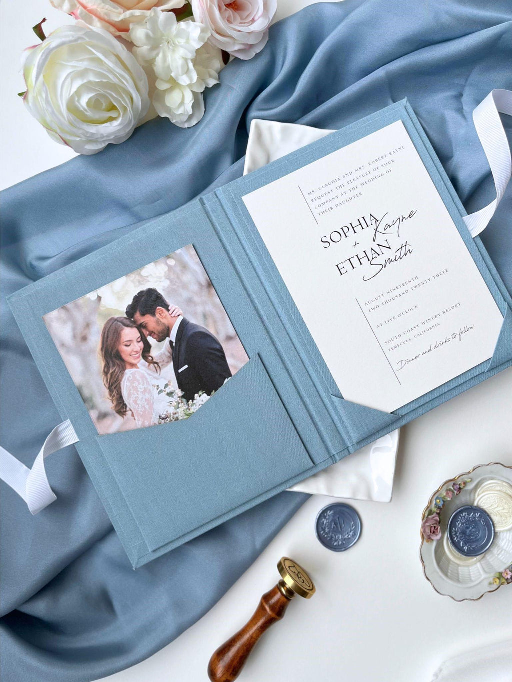 Linen Matted Folio - Dusty Blue, Foil Stamped with Monogram, Wedding Photo Folio, Keepsake