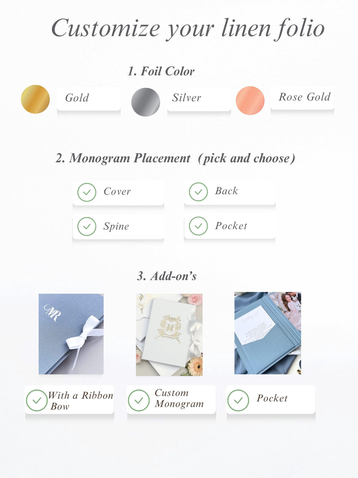 Linen Matted Folio - Dusty Blue, Foil Stamped with Monogram, Wedding Photo Folio, Keepsake