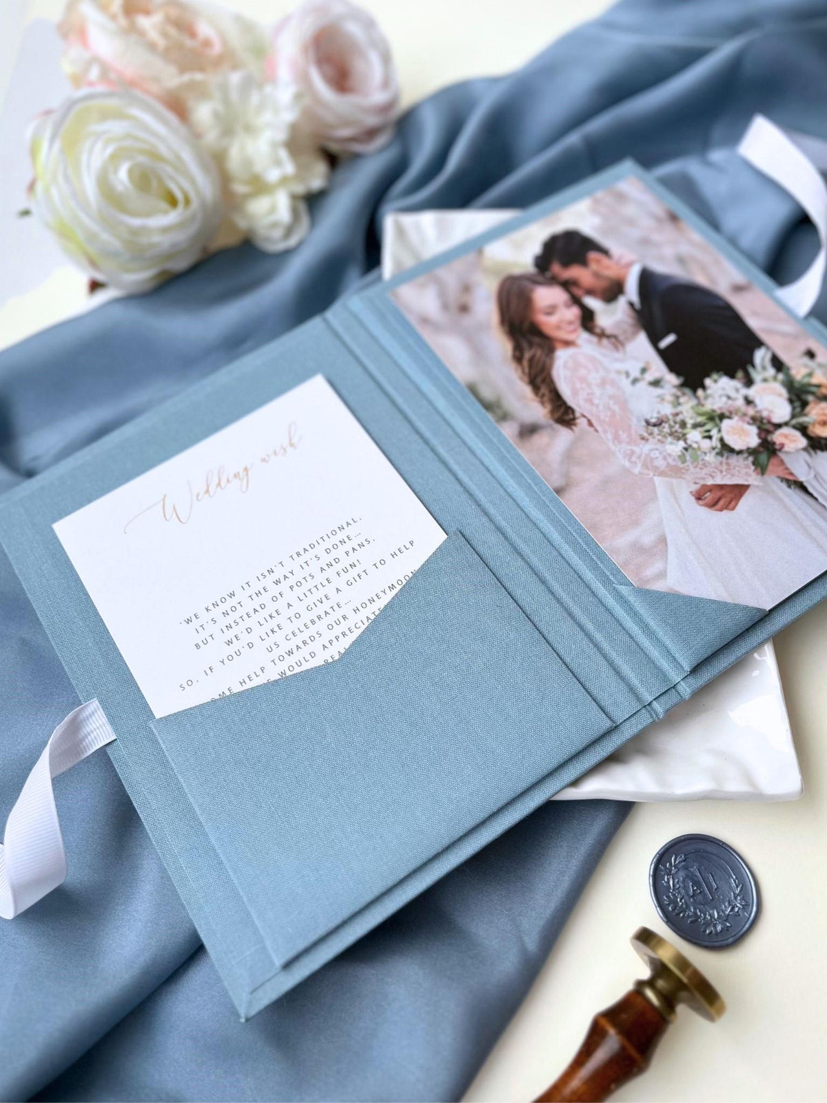 Linen Matted Folio - Dusty Blue, Foil Stamped with Monogram, Wedding Photo Folio, Keepsake