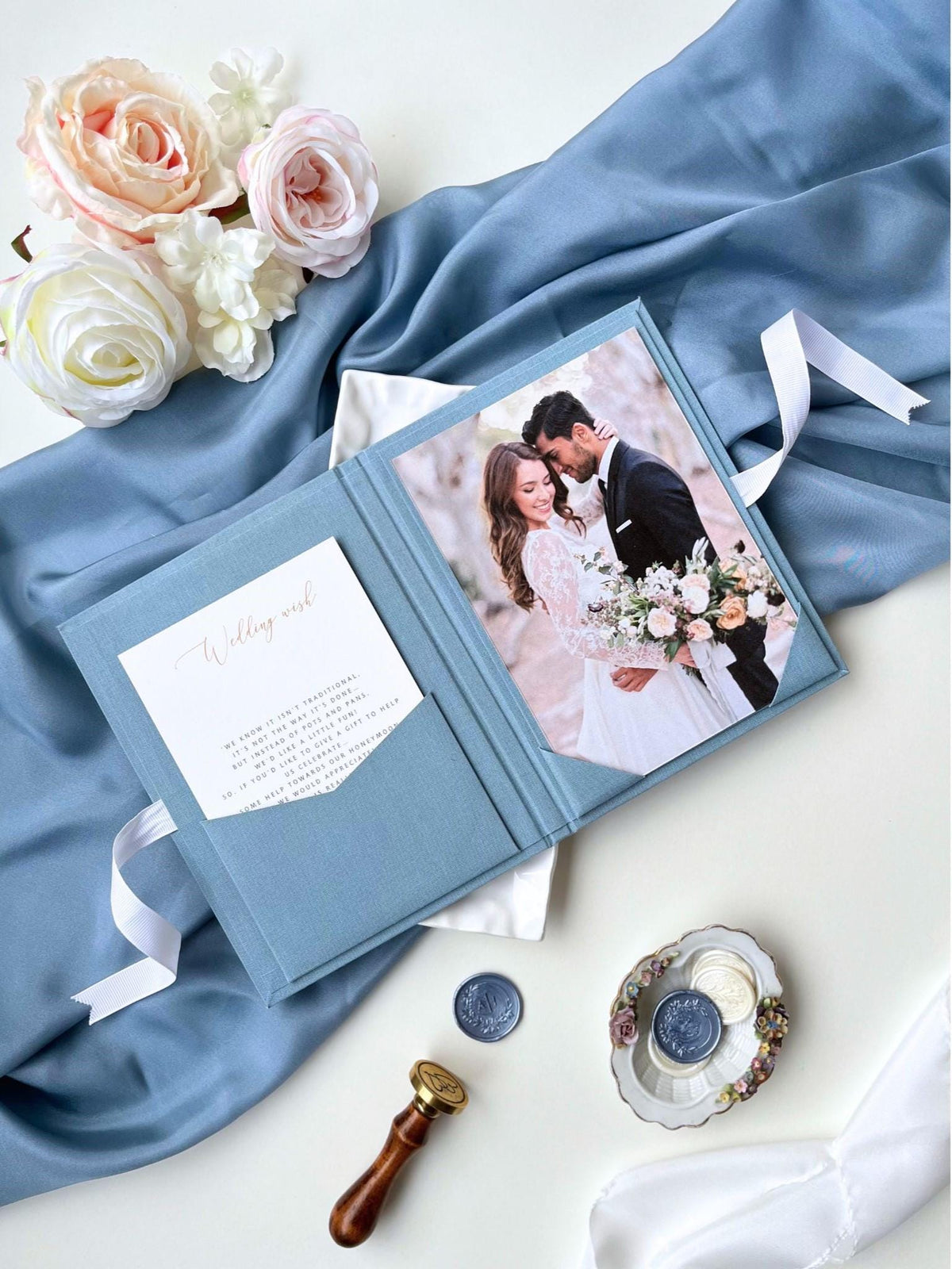 Linen Matted Folio - Dusty Blue, Foil Stamped with Monogram, Wedding Photo Folio, Keepsake