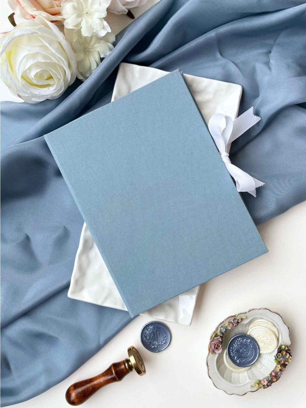 Linen Matted Folio - Dusty Blue, Foil Stamped with Monogram, Wedding Photo Folio, Keepsake