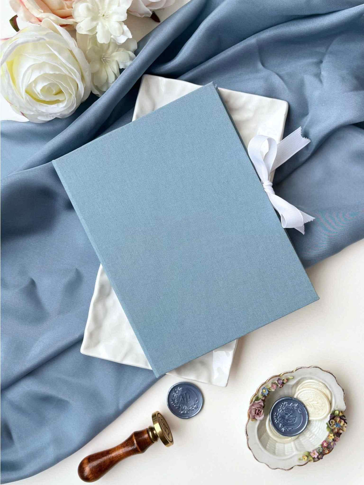 Linen Matted Folio - Dusty Blue, Foil Stamped with Monogram, Wedding Photo Folio, Keepsake