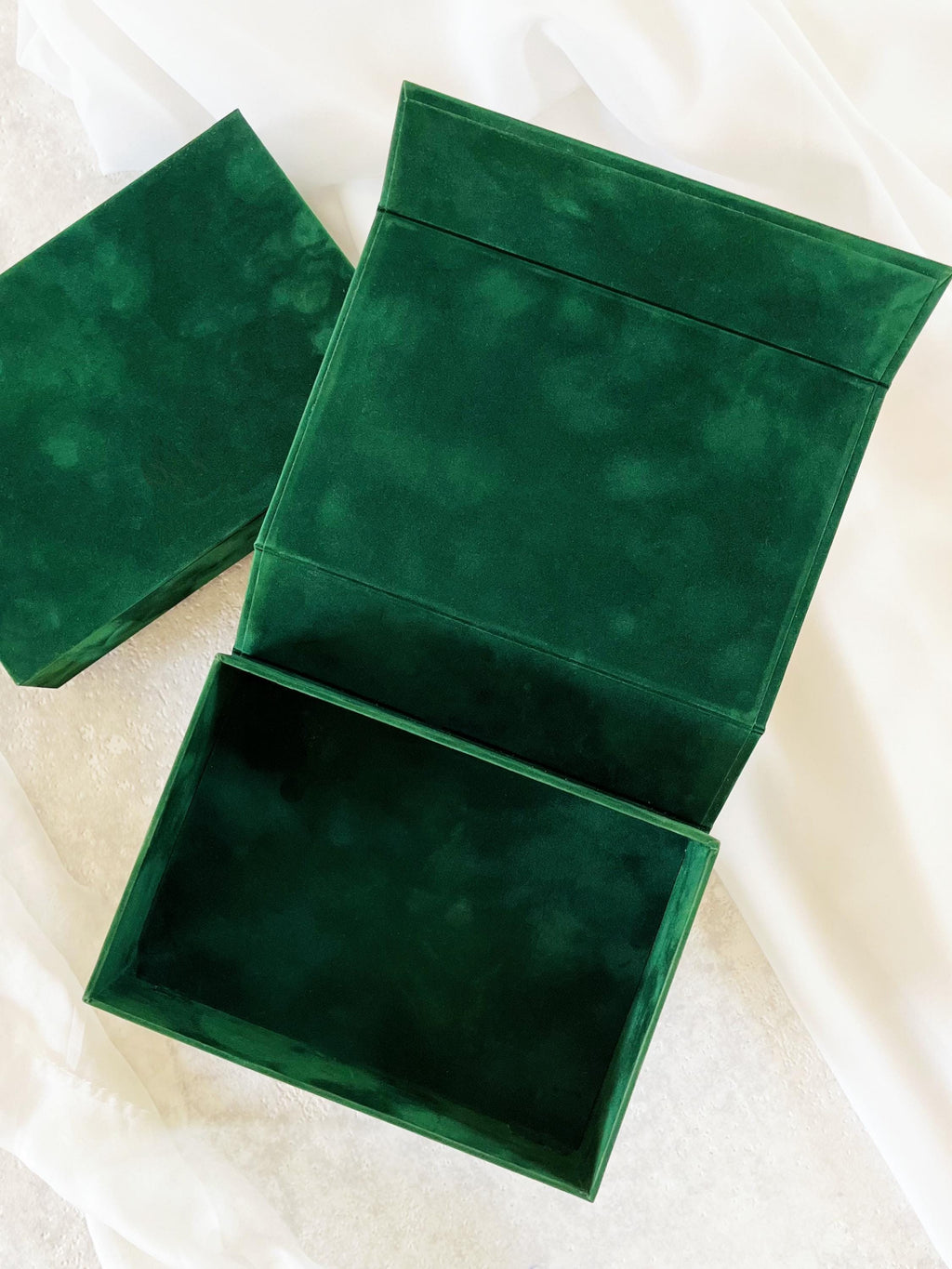 Emerald Velvet Wedding Invitation Box, Gold Monogram Keepsake, Magnetic Closure