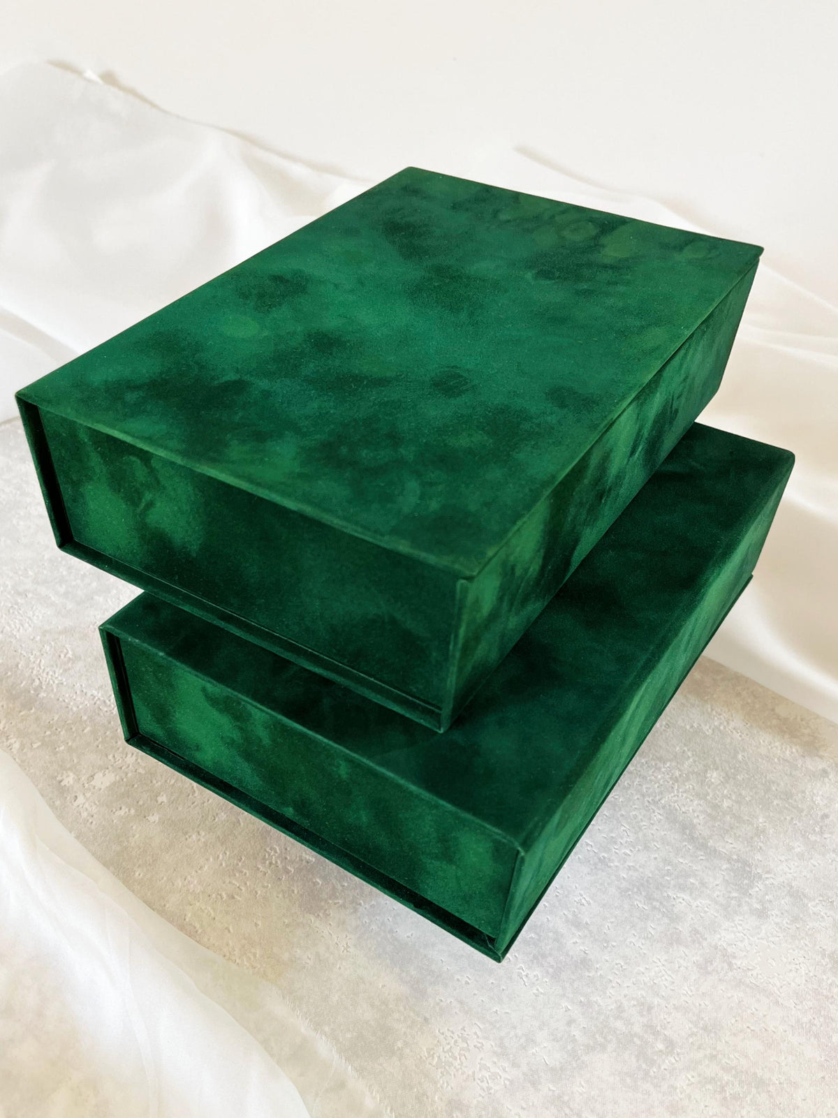 Emerald Velvet Wedding Invitation Box, Gold Monogram Keepsake, Magnetic Closure