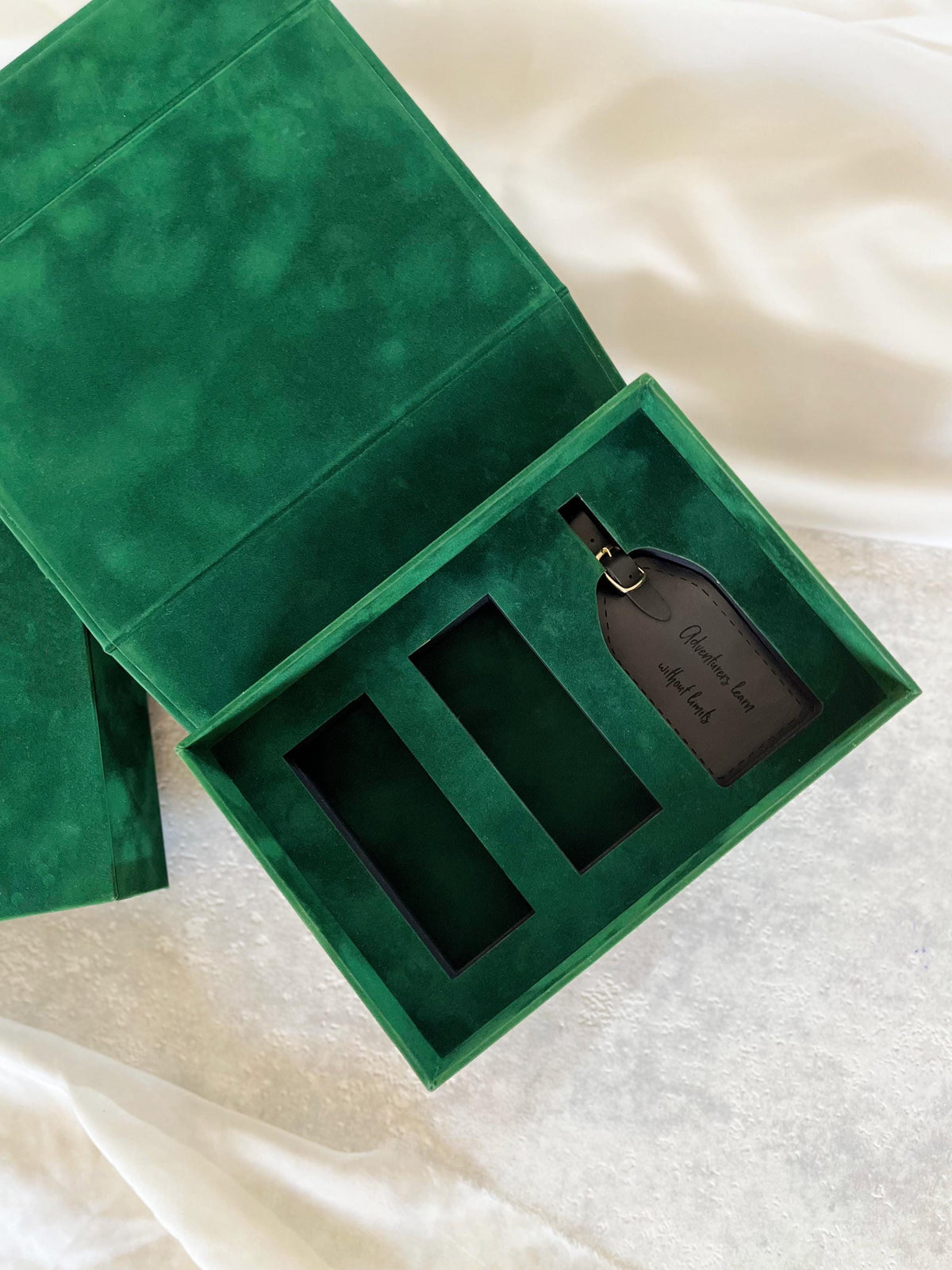Emerald Velvet Wedding Invitation Box, Gold Monogram Keepsake, Magnetic Closure