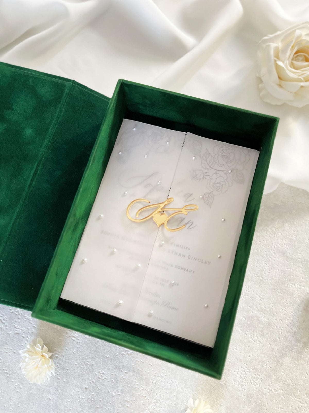 Emerald Velvet Wedding Invitation Box, Gold Monogram Keepsake, Magnetic Closure