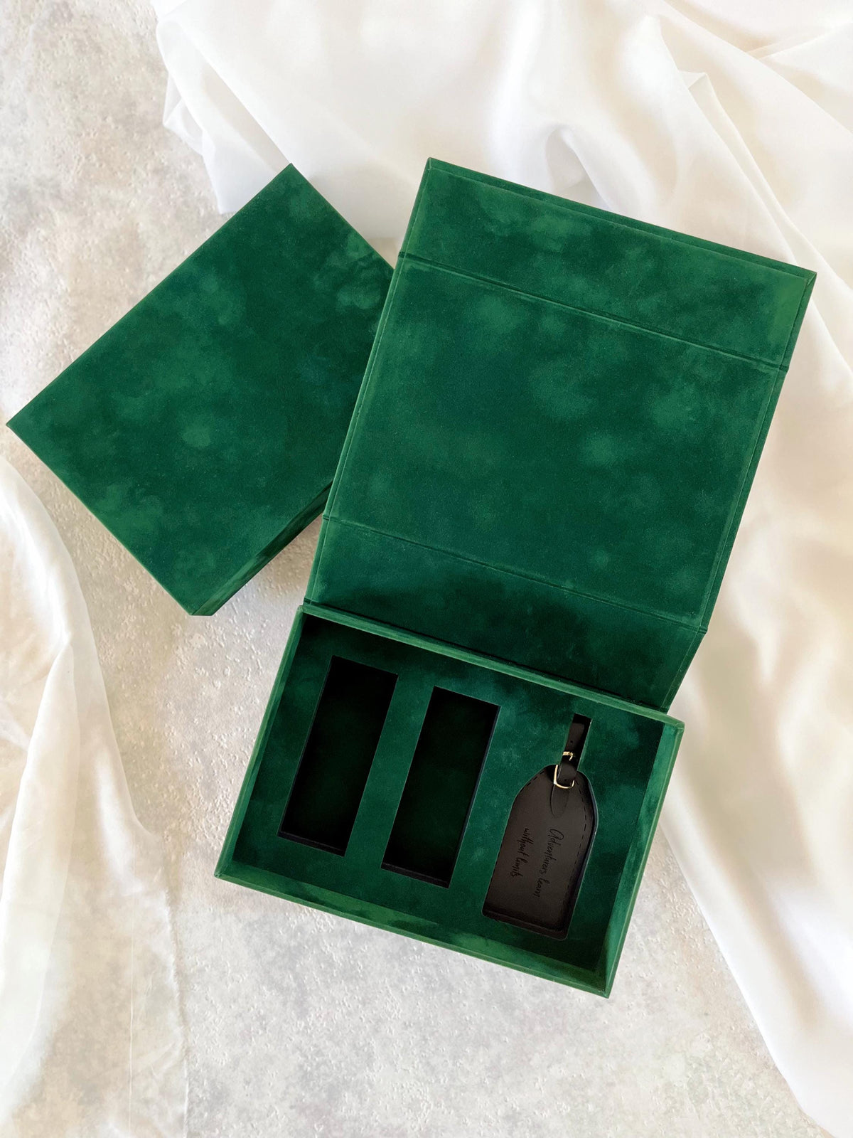 Emerald Velvet Wedding Invitation Box, Gold Monogram Keepsake, Magnetic Closure