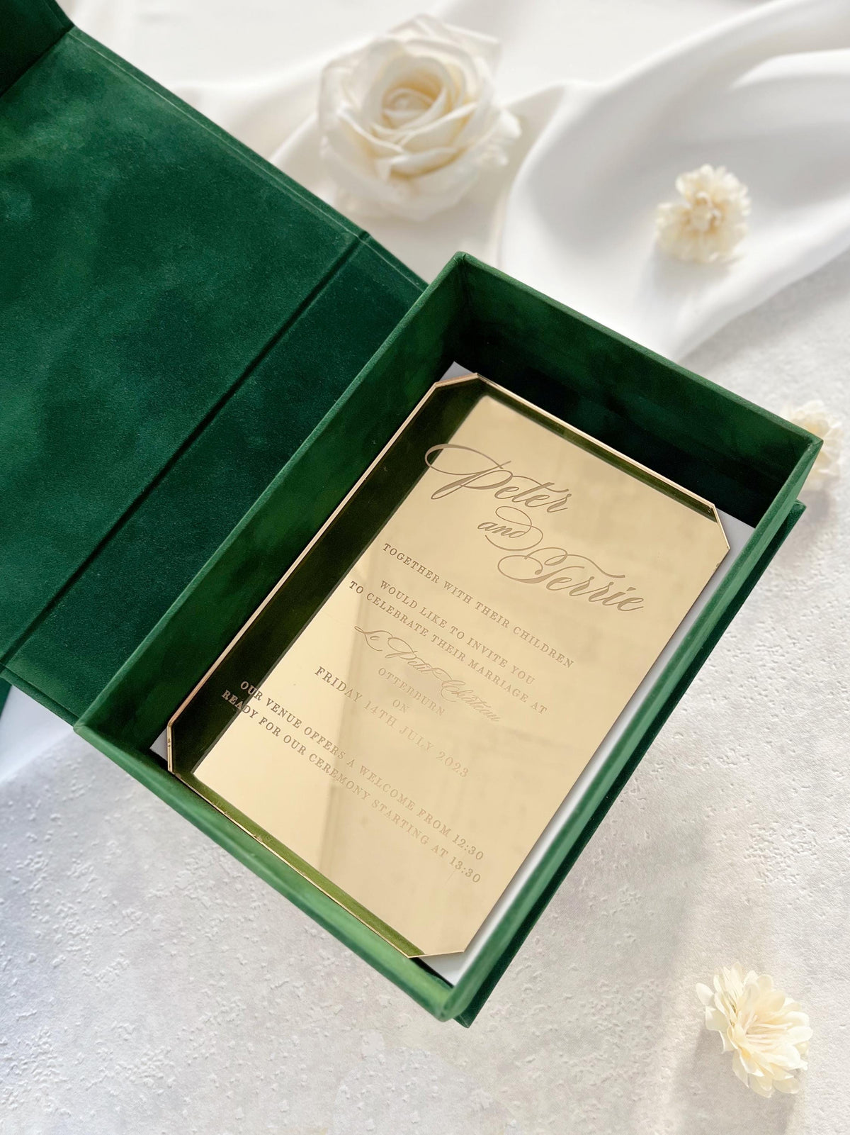 Emerald Velvet Wedding Invitation Box, Gold Monogram Keepsake, Magnetic Closure