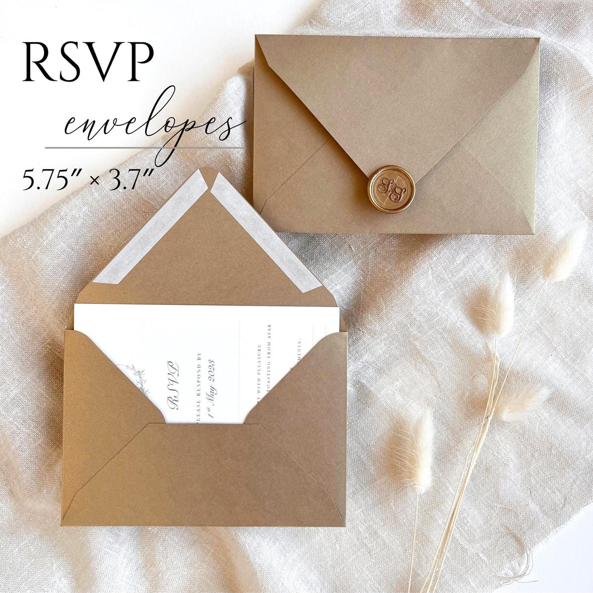 Old gold envelopes – one sealed with a wax seal, another open showcasing RSVP card inside