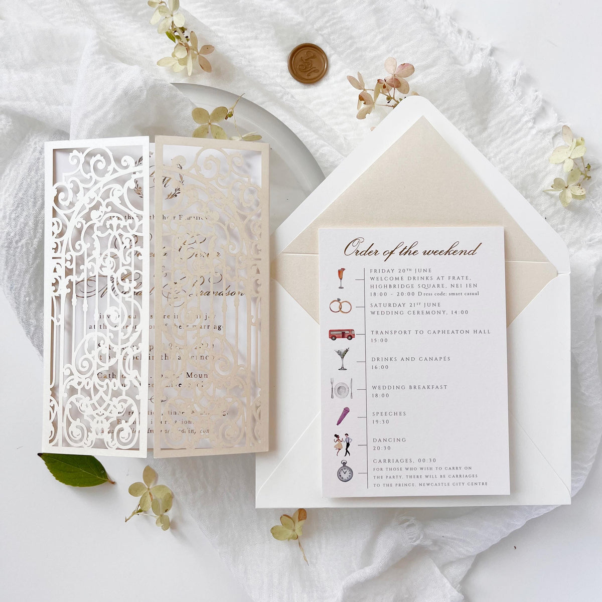 Baroque Laser Cut Gatefold Invitation Cover – Ornamental Wedding Wrap for 5x7 Card – Custom Color