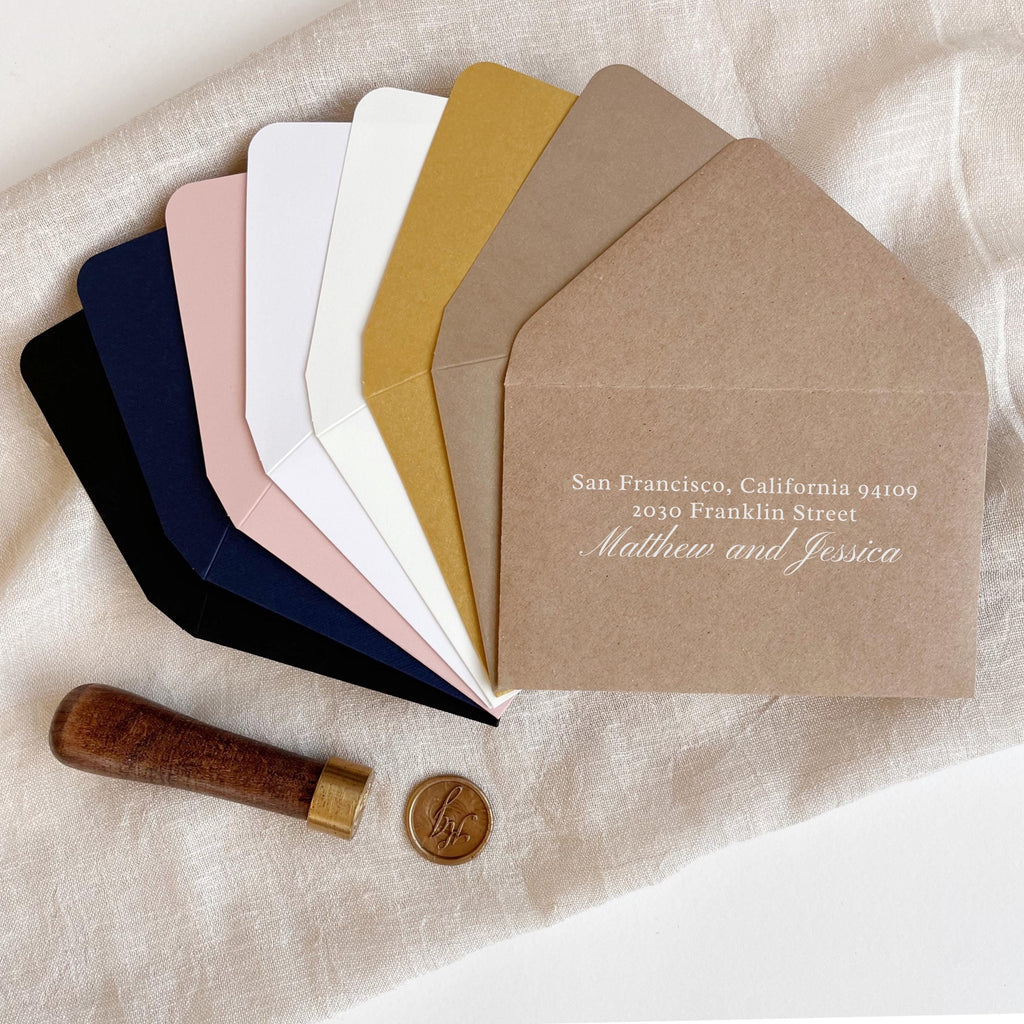 RSVP envelopes for standard cards available in 8 paper colors: Black Matt, Navy Blue Matt, Blush Pink Matt, White Metallic, Cream Matt, Gold Metallic, Old Gold Metallic, and Eco Matt. Perfect wedding invitation envelopes that can be personalized with a return address.