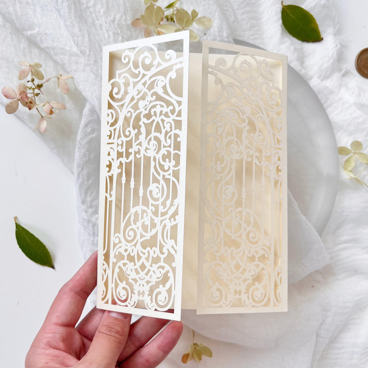 Baroque Laser Cut Gatefold Invitation Cover – Ornamental Wedding Wrap for 5x7 Card – Custom Color