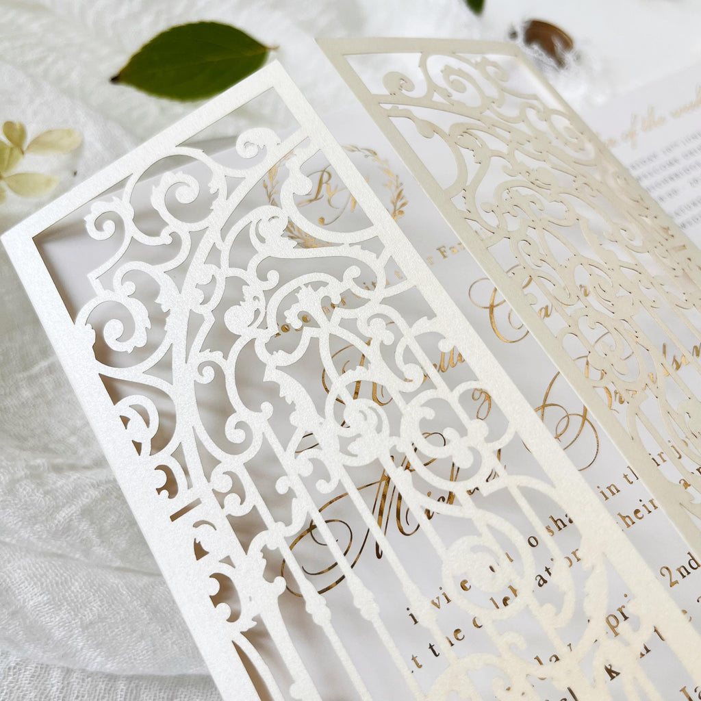 Elegant ivory baroque laser cut gatefold invitation cover for 5x7 cards.