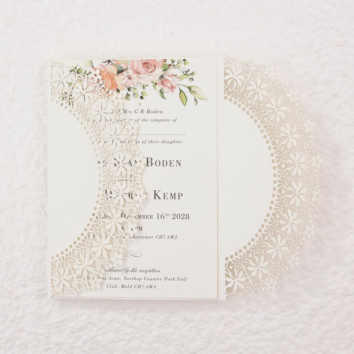 Lace Laser Cut Cover for 5x7 Wedding Invitation - Custom Color
