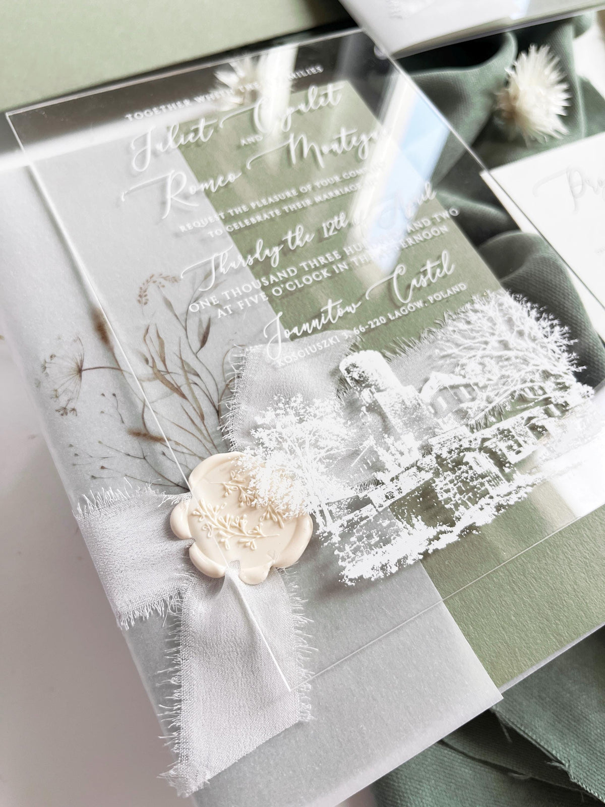 Clear Acrylic Wedding Invitation Suite, Sage Green Wedding Invites, Vellum Wrap with Wax Seal, Botanical Greenery - Venue Joannitów Castle