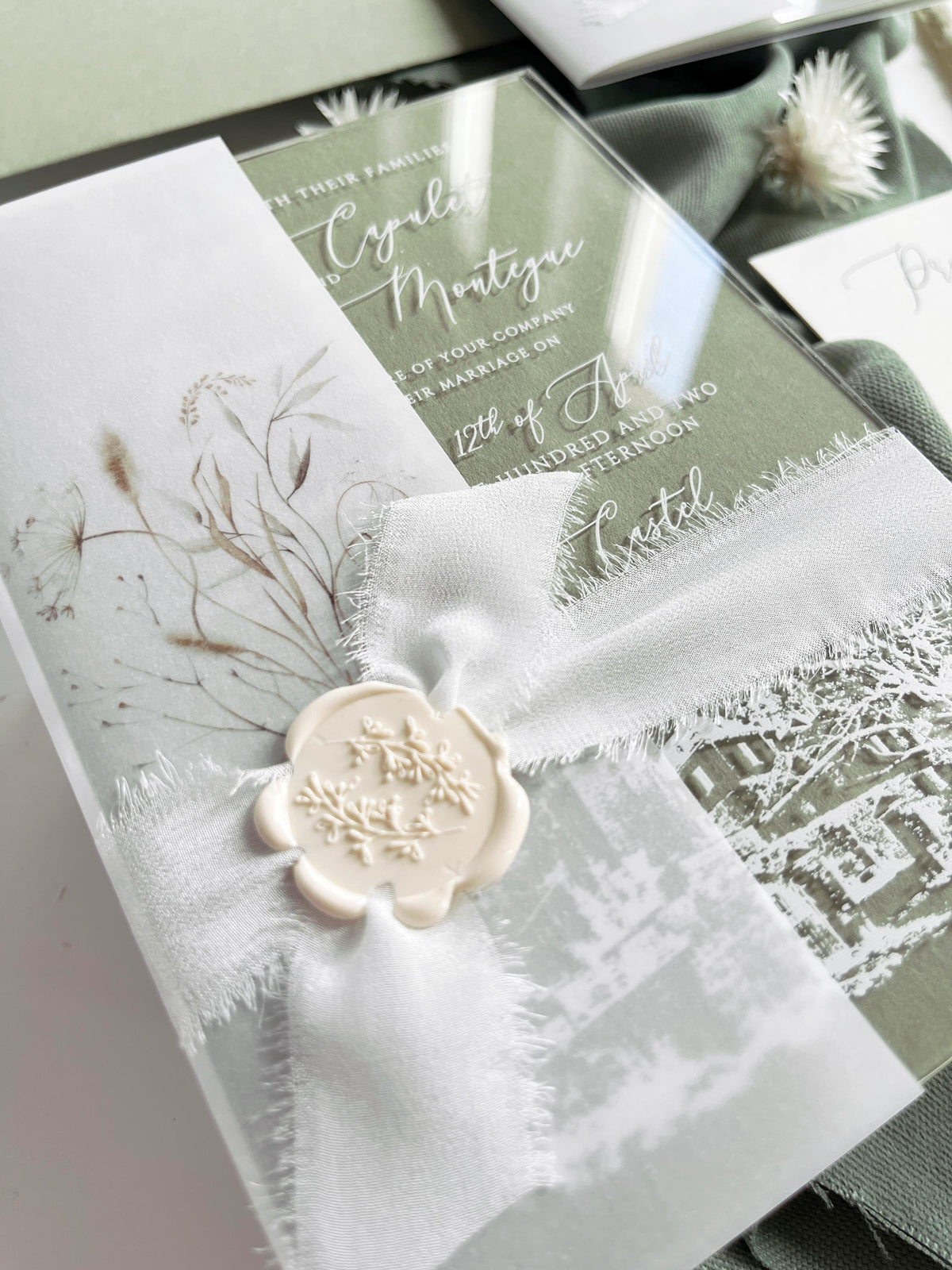 Clear Acrylic Wedding Invitation Suite, Sage Green Wedding Invites, Vellum Wrap with Wax Seal, Botanical Greenery - Venue Joannitów Castle