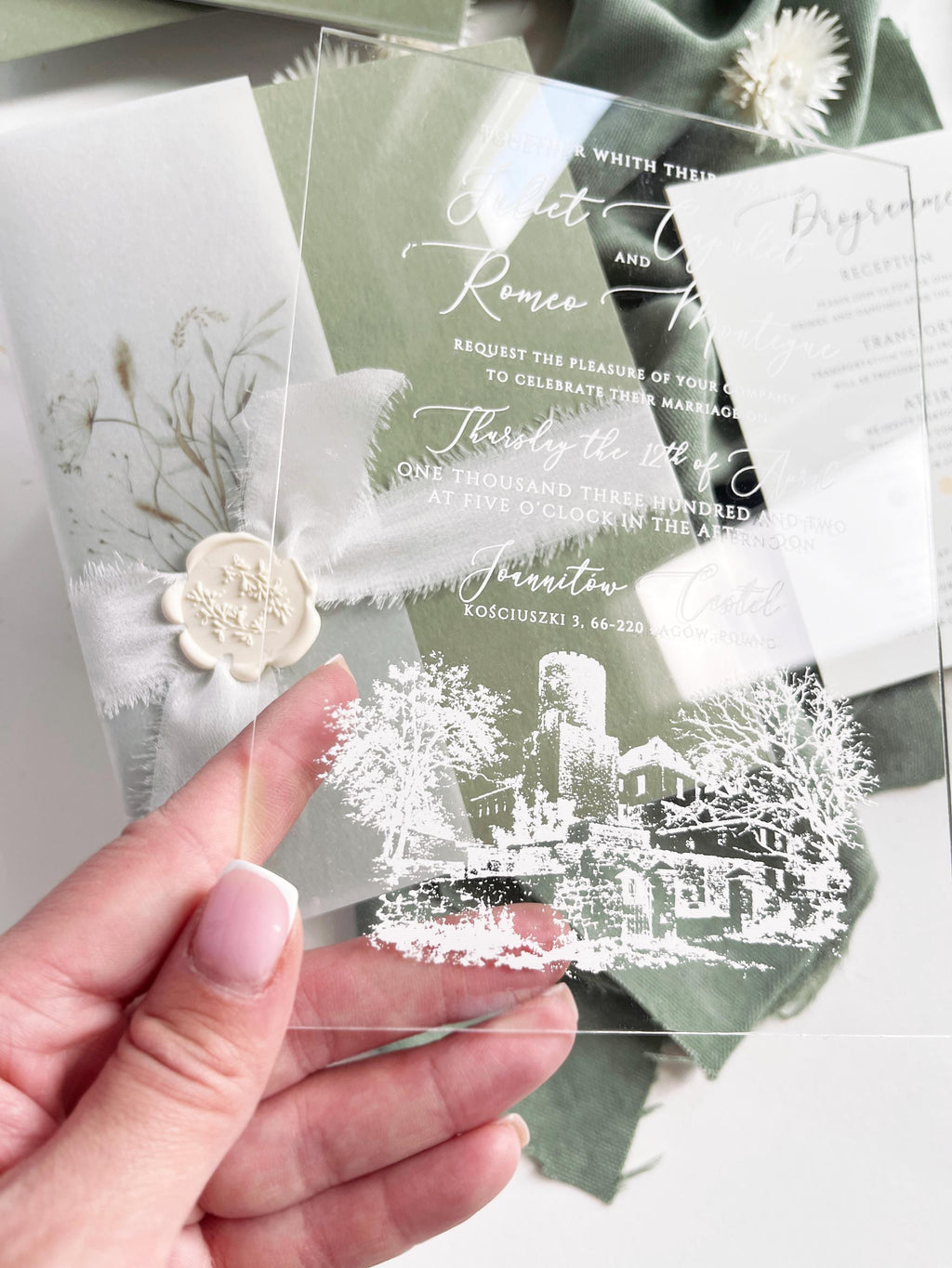 Clear Acrylic Wedding Invitation Suite, Sage Green Wedding Invites, Vellum Wrap with Wax Seal, Botanical Greenery - Venue Joannitów Castle