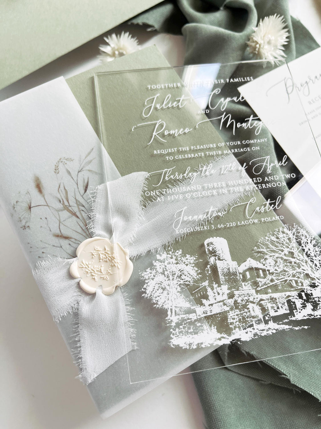 Clear Acrylic Wedding Invitation Suite, Sage Green Wedding Invites, Vellum Wrap with Wax Seal, Botanical Greenery - Venue Joannitów Castle