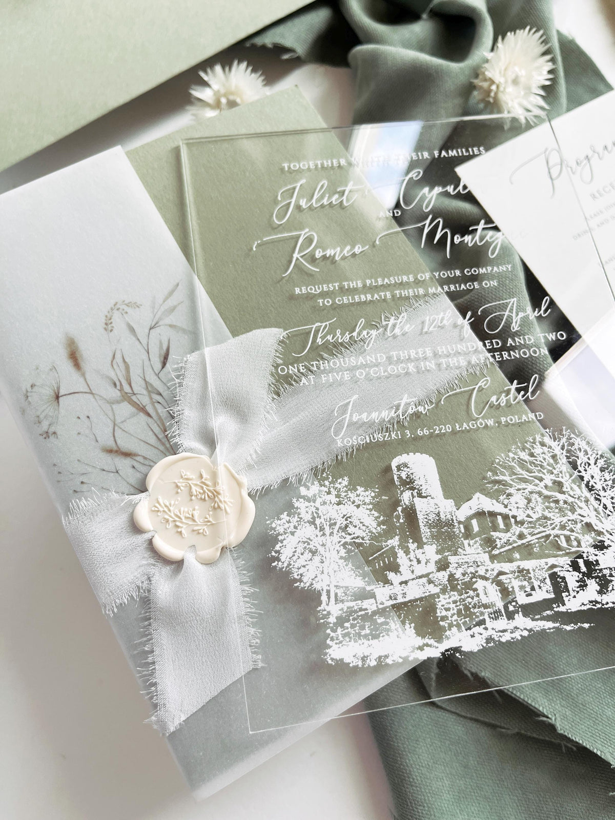 Clear Acrylic Wedding Invitation Suite, Sage Green Wedding Invites, Vellum Wrap with Wax Seal, Botanical Greenery - Venue Joannitów Castle
