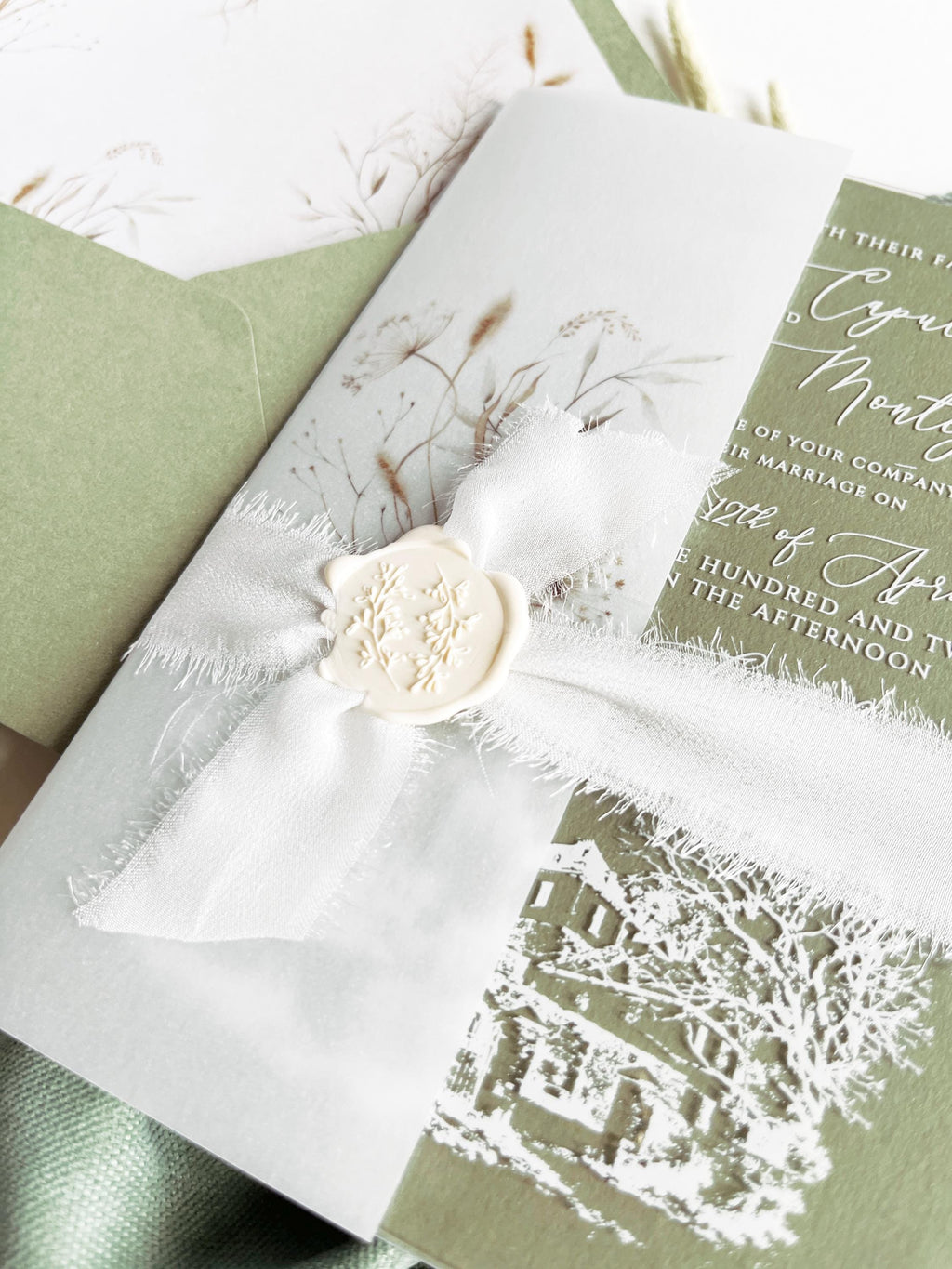 Clear Acrylic Wedding Invitation Suite, Sage Green Wedding Invites, Vellum Wrap with Wax Seal, Botanical Greenery - Venue Joannitów Castle