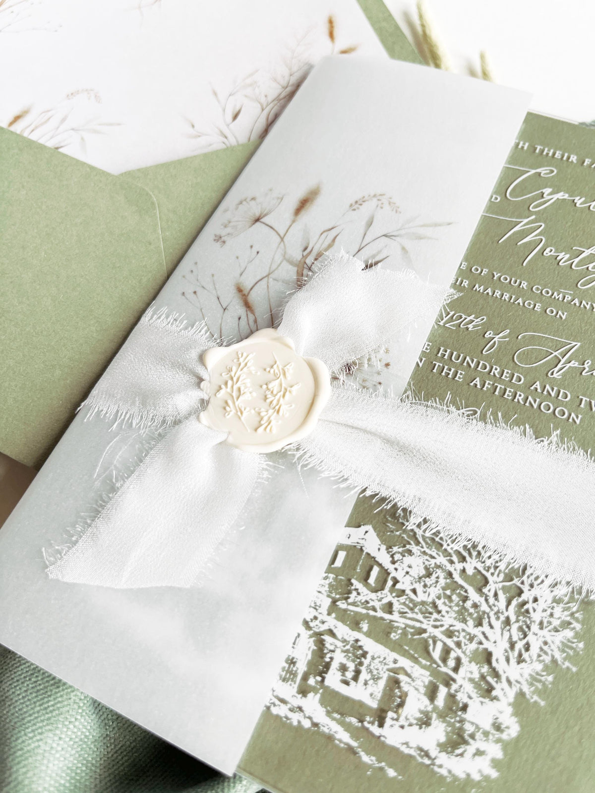 Clear Acrylic Wedding Invitation Suite, Sage Green Wedding Invites, Vellum Wrap with Wax Seal, Botanical Greenery - Venue Joannitów Castle